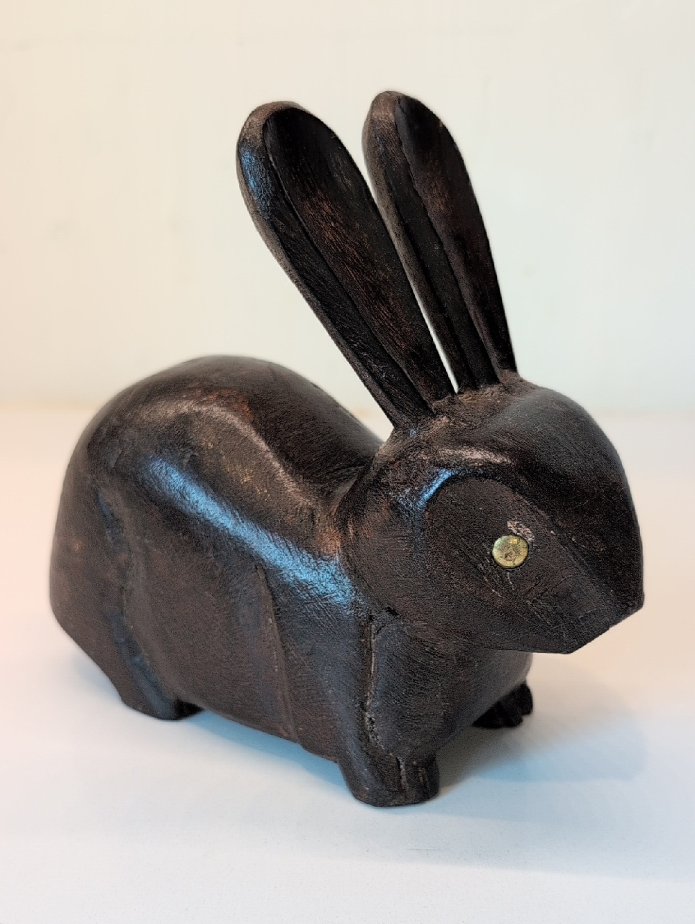 Vintage Hand Carved 7.5" L Wood Rabbit with Brass Eyes Bunny Folk Art